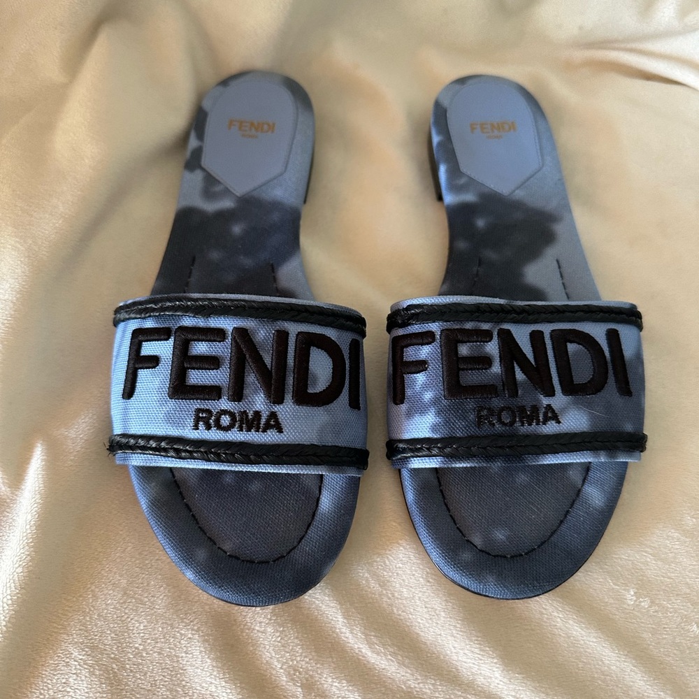 Fendi Embroidered Tie-Dye Canvas Slides Size 37